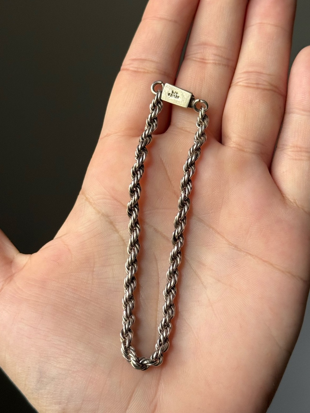 8" Vintage MCM 925 Marked Sterling Silver Rope Chain Bracelet Mexico Brutalist